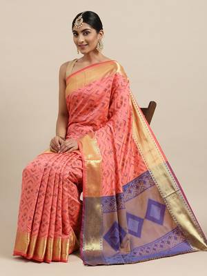 Peach woven banarasi silk saree with blouse 1