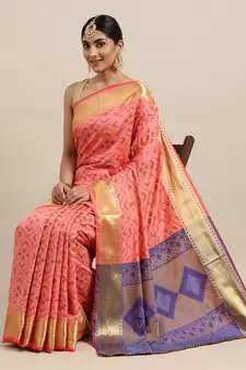 Peach woven banarasi silk saree with blouse