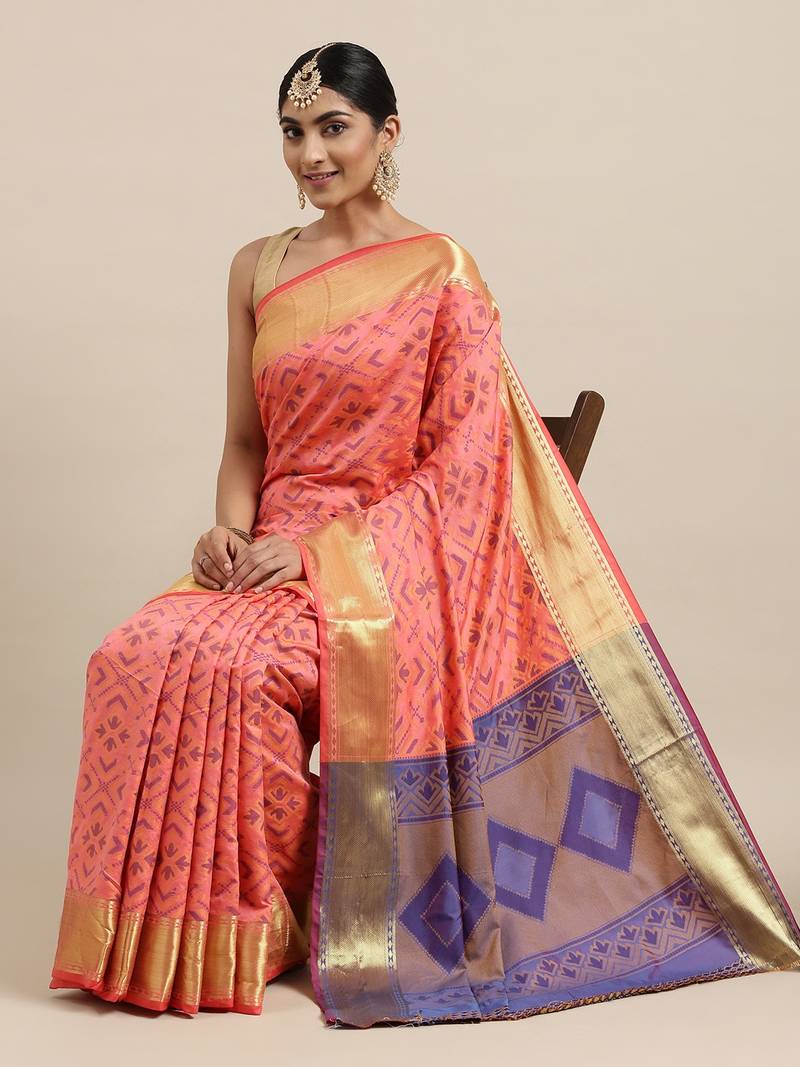 Peach woven banarasi silk saree with blouse