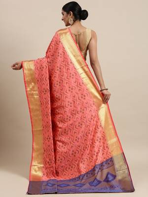 Peach woven banarasi silk saree with blouse 2