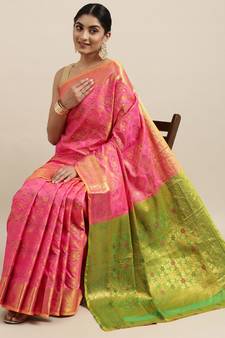 Light pink woven banarasi silk saree with blouse