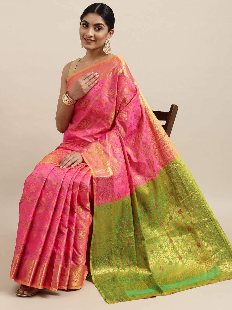 Light pink woven banarasi silk saree with blouse