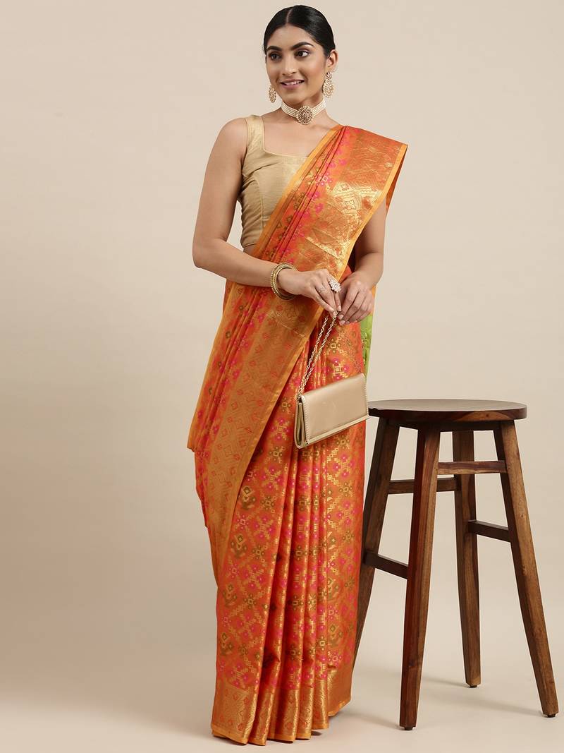 Mustard woven banarasi silk saree with blouse