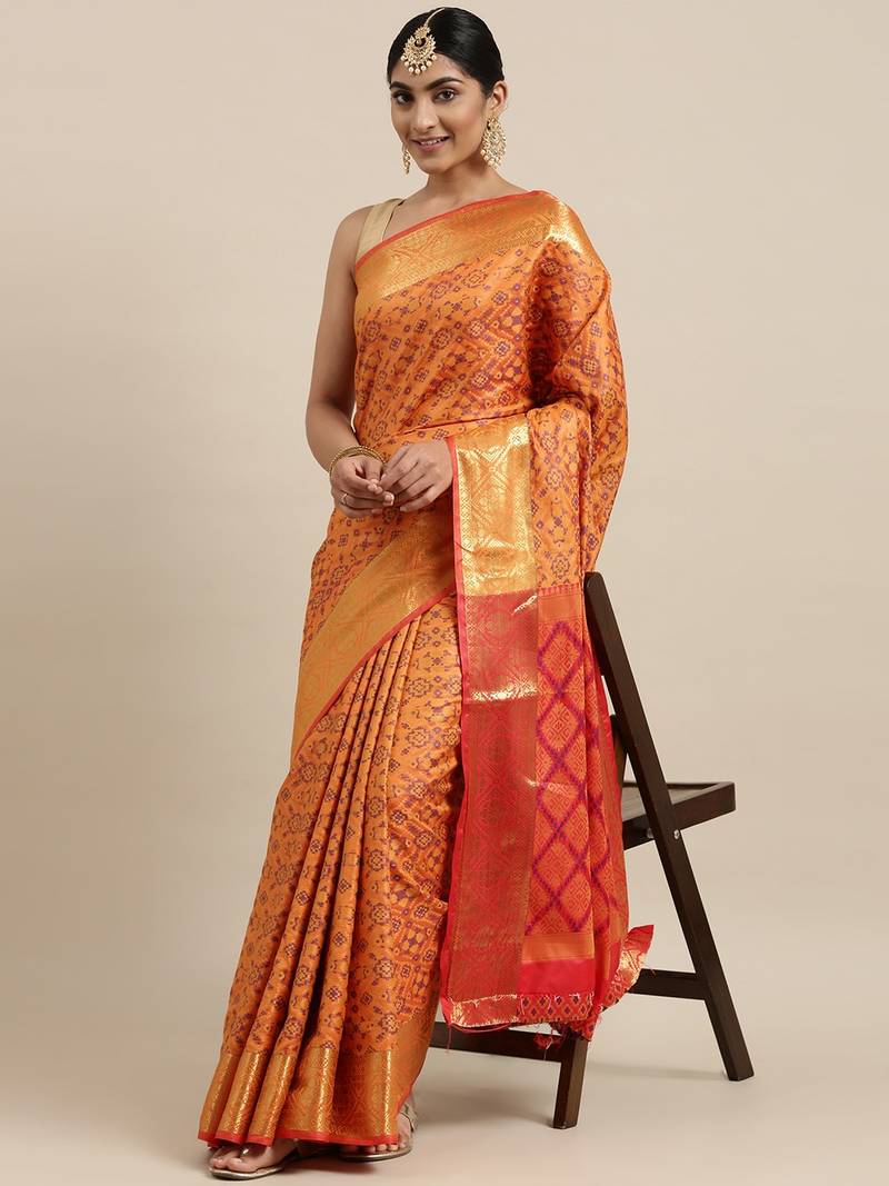 Orange woven banarasi silk saree with blouse