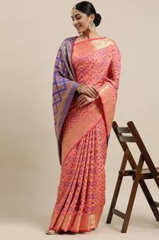 Peach woven banarasi silk saree with blouse