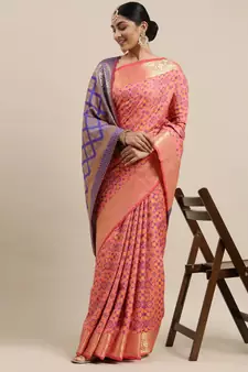 Peach woven banarasi silk saree with blouse