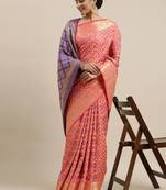 Peach woven banarasi silk saree with blouse