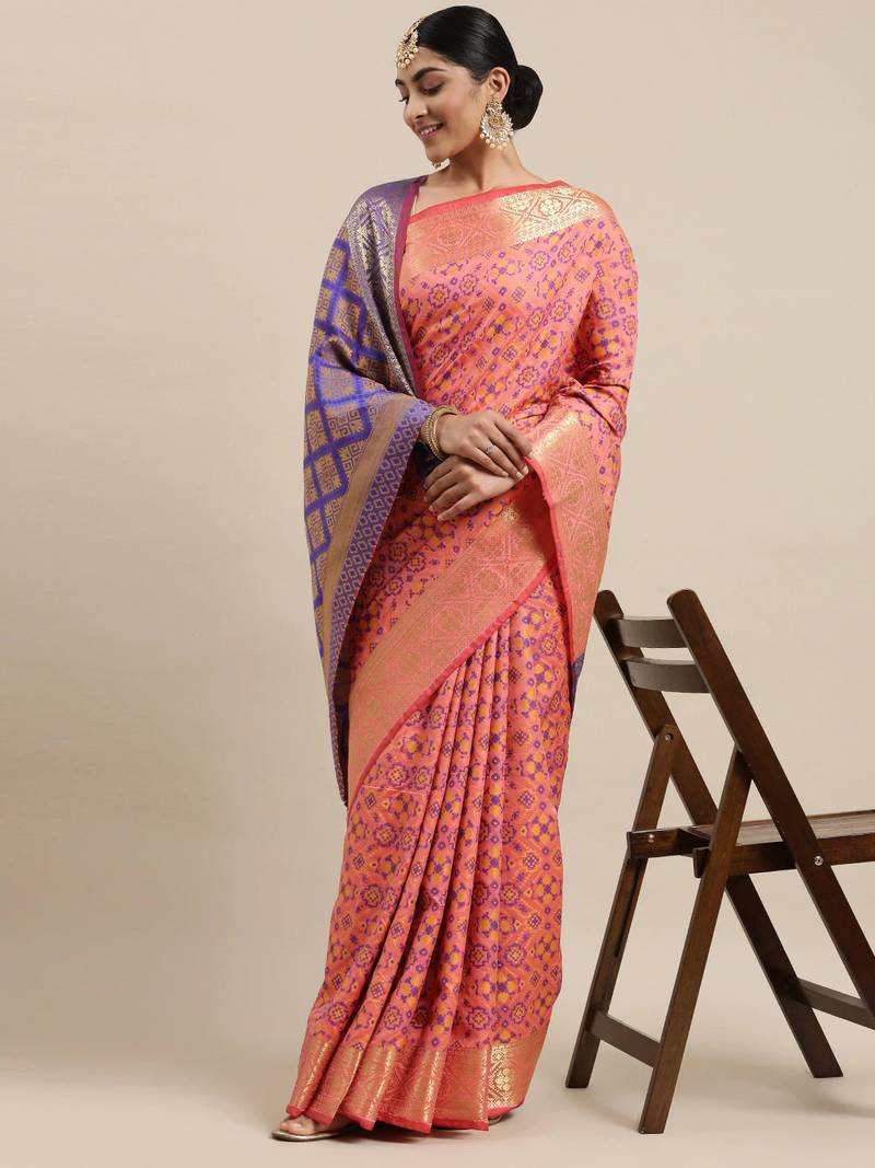 Peach woven banarasi silk saree with blouse