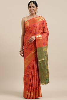 Red woven banarasi silk saree with blouse