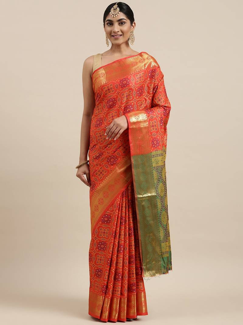 Red woven banarasi silk saree with blouse