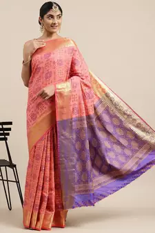 Peach woven banarasi silk saree with blouse