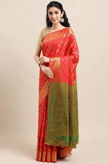 Red woven banarasi silk saree with blouse