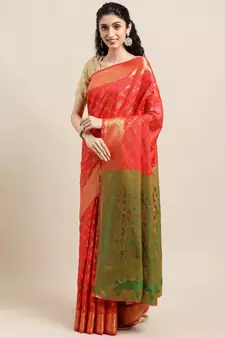 Red woven banarasi silk saree with blouse