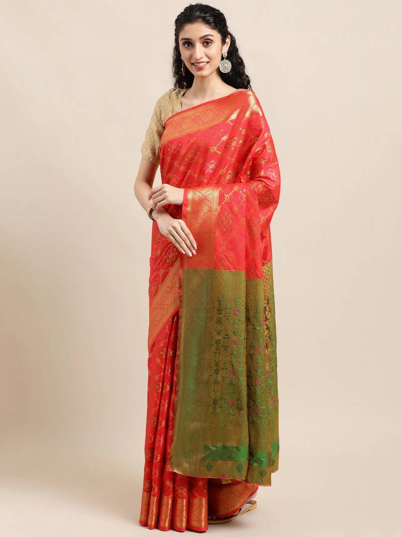 Red woven banarasi silk saree with blouse