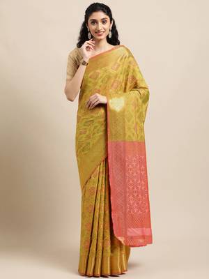 Mehendi woven banarasi silk saree with blouse 1