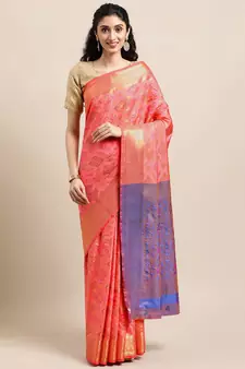 Dark peach woven banarasi silk saree with blouse