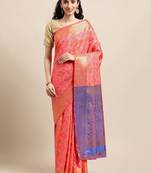 Dark peach woven banarasi silk saree with blouse