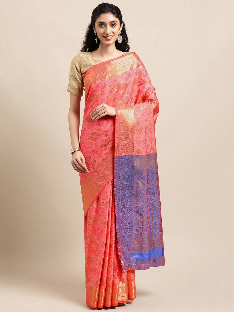 Dark peach woven banarasi silk saree with blouse