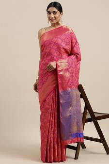 Pink woven banarasi silk saree with blouse