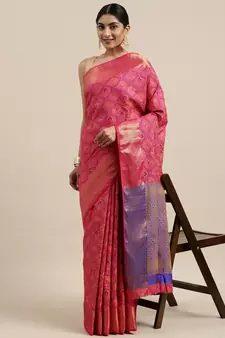 Pink woven banarasi silk saree with blouse