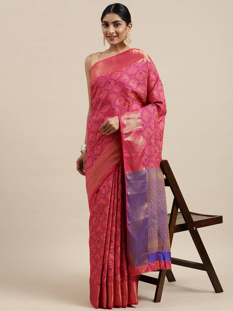 Pink woven banarasi silk saree with blouse