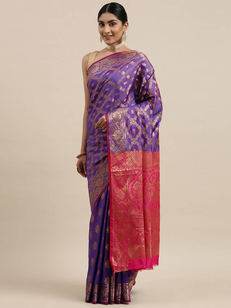 Purple woven banarasi silk saree with blouse