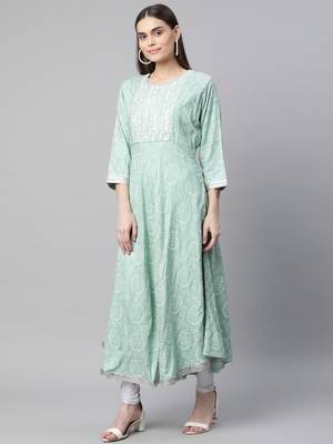 Green printed chiffon ethnic-kurtis 2