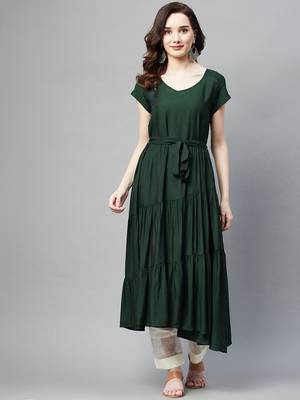 Dark-green plain cotton ethnic-kurtis 1