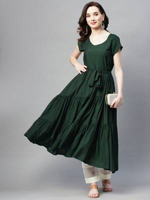 Dark-green plain cotton ethnic-kurtis 3