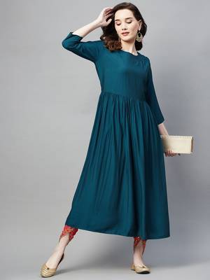 Teal plain cotton ethnic-kurtis 2