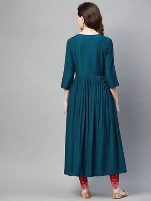 Teal plain cotton ethnic-kurtis 4