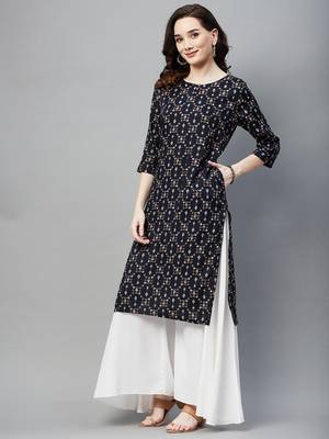 Navy-blue printed cotton ethnic-kurtis 3