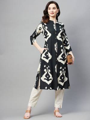 Dark-green printed cotton ethnic-kurtis 2