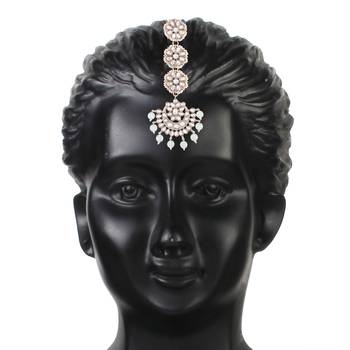 Rhodium Plated Kundan & Faux Pearl Chandbali Earrings with Maang Tikka Set 5