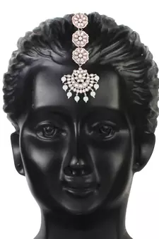 Rhodium Plated Kundan & Faux Pearl Chandbali Earrings with Maang Tikka Set