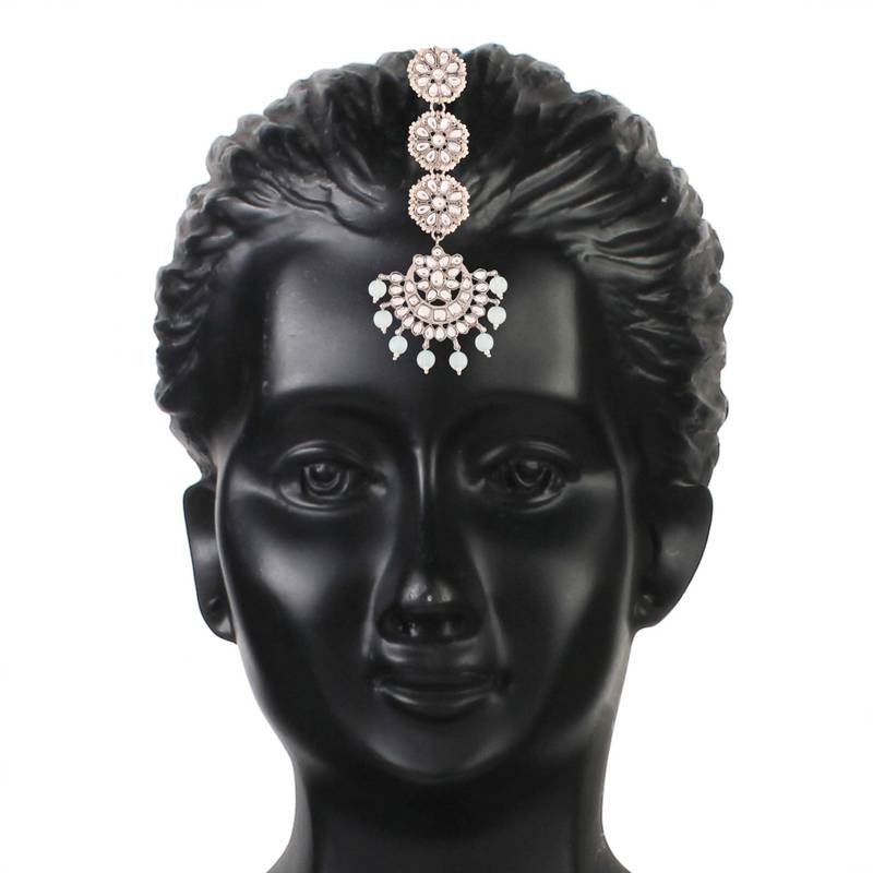 Rhodium Plated Kundan & Faux Pearl Chandbali Earrings with Maang Tikka Set