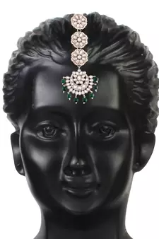 Rhodium Plated Kundan & Faux Pearl Chandbali Earrings with Maang Tikka Set