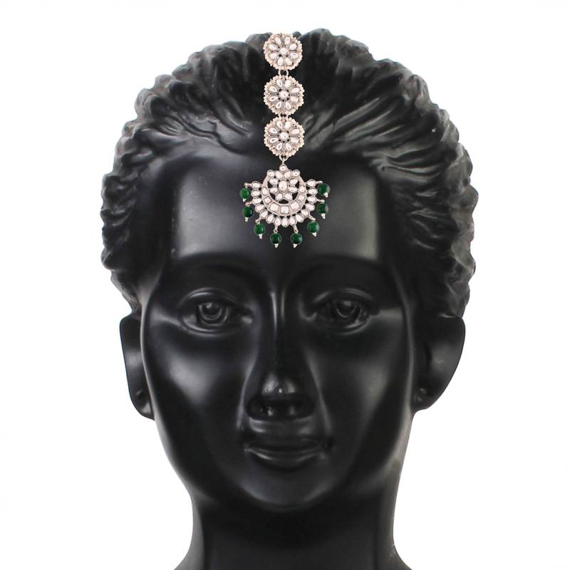 Rhodium Plated Kundan & Faux Pearl Chandbali Earrings with Maang Tikka Set