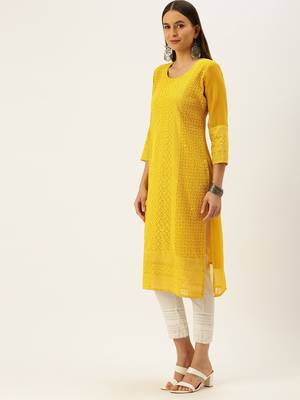 Yellow embroidered georgette chikankari-kurtis 3
