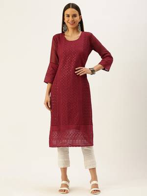 Maroon embroidered georgette chikankari-kurtis 1