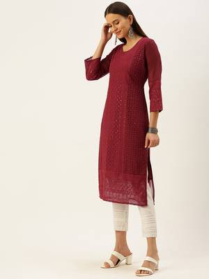 Maroon embroidered georgette chikankari-kurtis 3