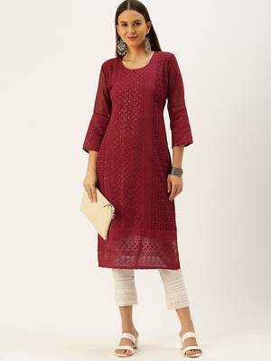 Maroon embroidered georgette chikankari-kurtis 5