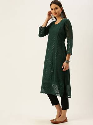 Olive embroidered georgette chikankari-kurtis 3