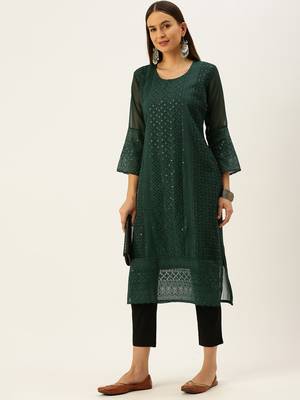 Olive embroidered georgette chikankari-kurtis 5