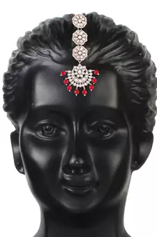  Rhodium Plated Kundan & Faux Pearl Chandbali Earrings with Maang Tikka Set