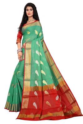 Green woven chanderi saree with blouse 1
