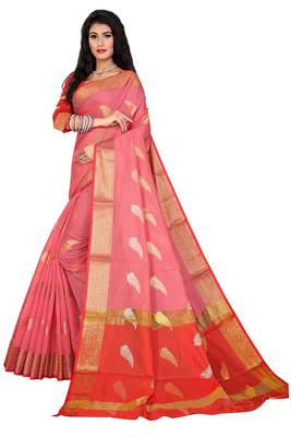 Pink woven chanderi saree with blouse 1
