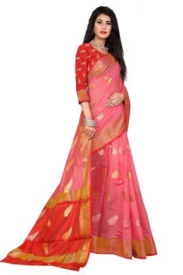 Pink woven chanderi saree with blouse 3