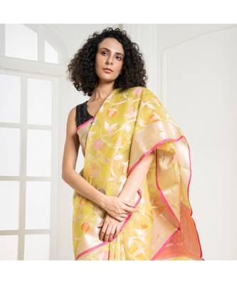 Lemon silk organza saree with woven floral design 1