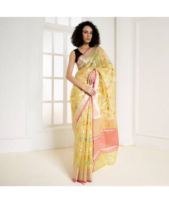 Lemon silk organza saree with woven floral design 2